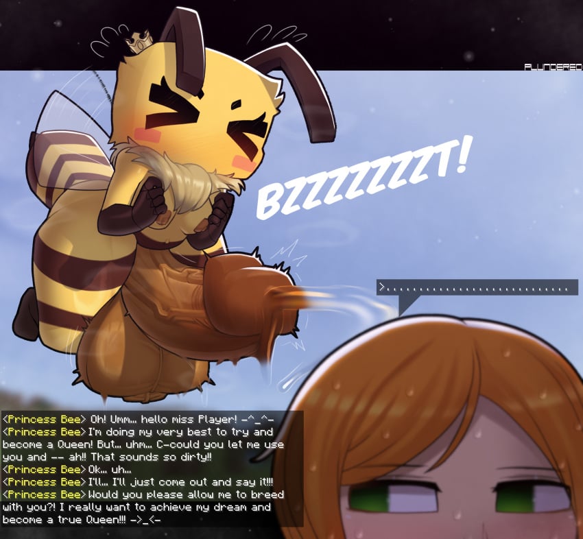 1futa 1girl alex_(minecraft) antennae_(anatomy) anthro bee bee_(minecraft) big_balls butt crown dialogue english_text erection exoskeleton flying flying_sweatdrops furry_futa futanari huge_penis humanoid_penis minecraft minecraft_chat outside plundered precum precum_squirt public_erection public_nudity sex_request shortstack shortstack_futa sky small_breasts small_but_hung stinger sweat thick_thighs vein wide_hips wings