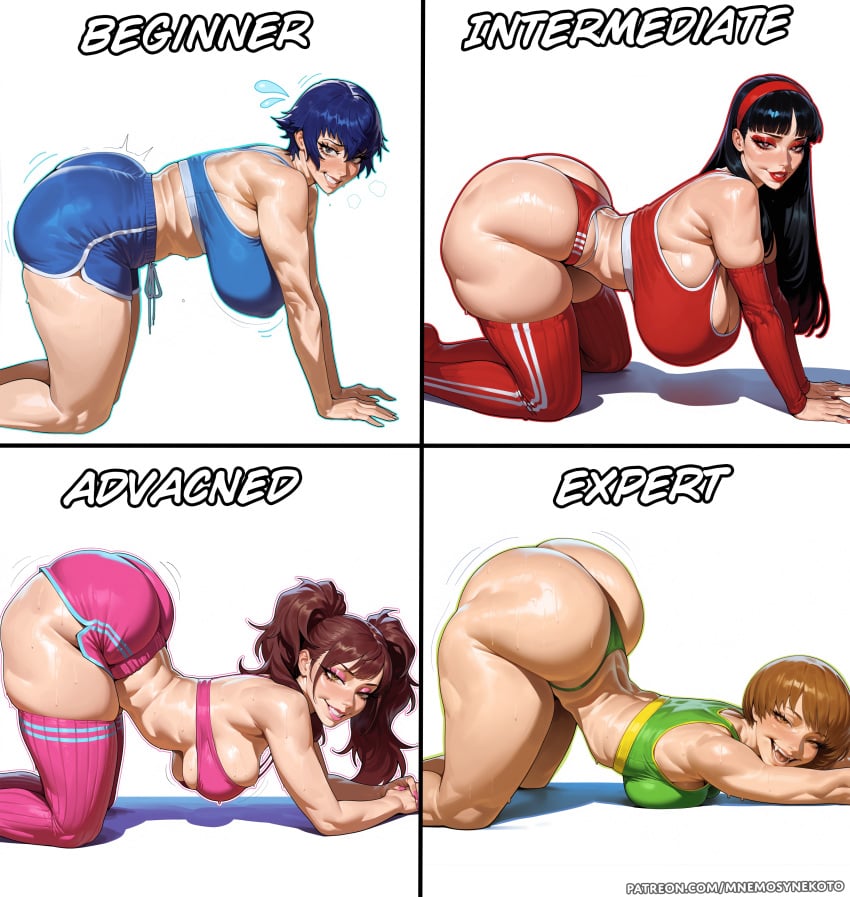 4girls ai_generated all_fours alternate_breast_size amagi_yukiko ass_focus beginner_intermediate_advanced_expert bent_over black_hair blush chie_satonaka comparison curvy detached_sleeves english_text green_panties green_tank_top hanging_breasts huge_ass huge_breasts kujikawa_rise lips looking_at_viewer makeup meme mnemosynekoto multiple_girls naoto_shirogane naughty_face patreon_username persona persona_4 pink_shorts pink_thighhighs red_eyes red_hairband red_thighhighs satonaka_chie shiny_skin shirogane_naoto short_hair short_shorts sideboob skindentation smile sports_bra sweat thick_thighs thong tomboy top-down_bottom-up twintails underboob underwear web_address white_background wide_hips