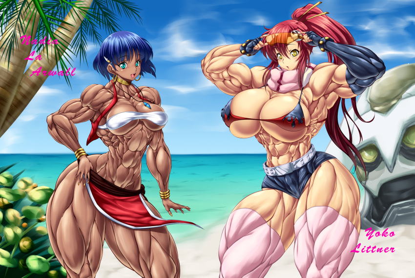 2girls abs bandeau biceps blue_eyes blue_hair blush breasts cleavage dark-skinned_female dark_skin duo earrings erect_nipples extreme_muscles fushigi_no_umi_no_nadia hoop_earrings impossible_clothes multiple_girls muscle nadia_la_arwall pose purukogi_(plasma_beach) red_hair simple_background stomach sweat tengen_toppa_gurren_lagann text yellow_eyes yoko_littner