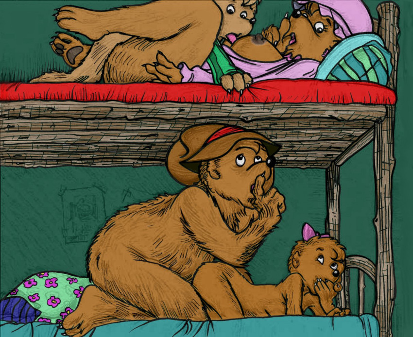 2boys 2girls 4bears 5_fingers 5_toes anthro bear bearcest berenstain_bears big_breasts black_eyes blue_bed_sheet breasts brother_bear_(character) bunk_bed chubby colored_version drama family father_and_daughter female flower_pillow from_behind green_background green_pajamas hat incest male mama_bear mama_bear_(the_berenstain_bears) mammal mother_and_son nipples nude nudity pandoras_box papa_bear pillow red_bed_sheet sex sideboob sister_bear slightly_chubby straight