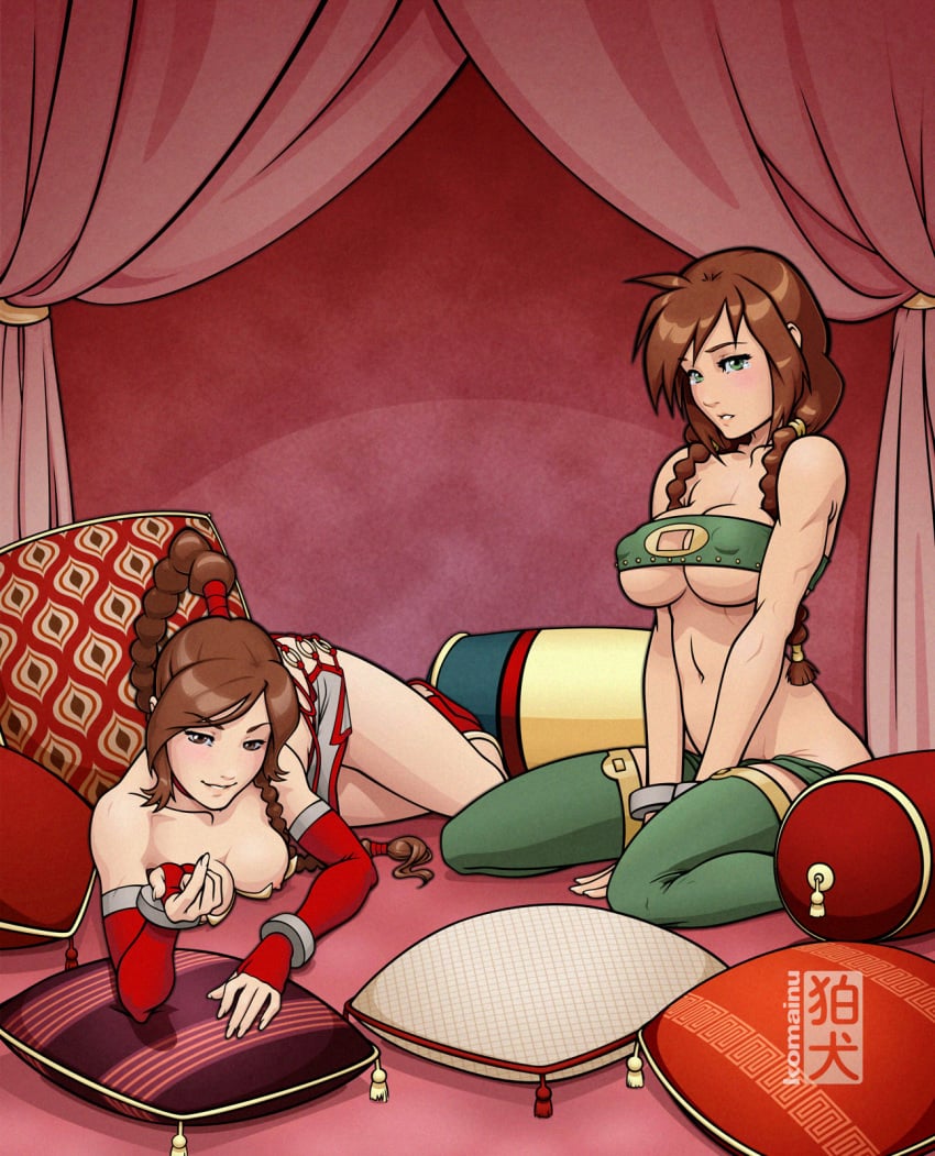 2girls alternate_breast_size avatar_the_last_airbender bare_shoulders big_breasts blush braid breasts brown_eyes brown_hair cleavage clothing come_hither elbow_gloves female female_only gloves green_eyes green_legwear harem hourglass_figure human jin_(avatar) kneeling komainu_(artist) large_breasts lying medium_breasts multiple_girls navel nipples on_side pillow red_gloves single_braid skirt slave smile stockings tears thighhighs tubetop twin_braids ty_lee