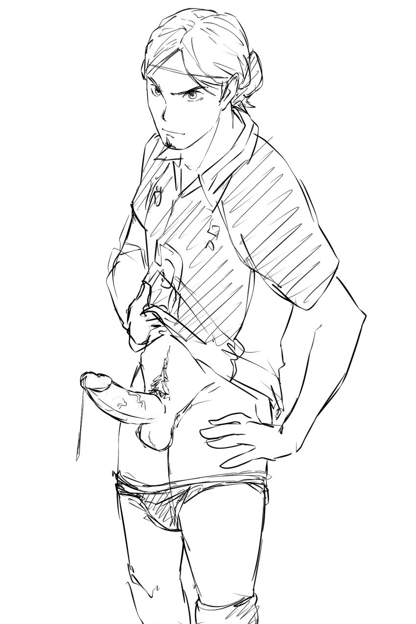 1boy azumane_asahi beard boner bottomless cum erection facial_hair haikyuu!! kyon_(artist) male_focus male_only male_pubic_hair penis precum precum_drip precum_string pubes pubic_hair shirt_lift shirt_pull sketch solo undressing white_background