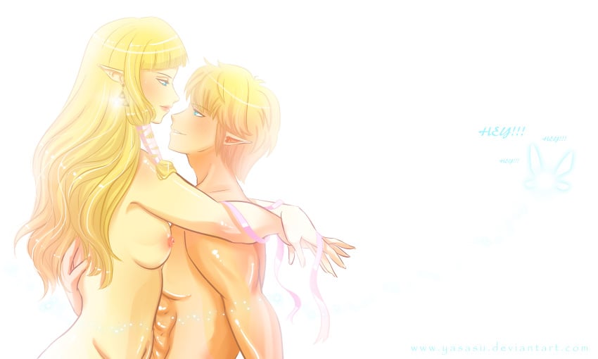 1boy 2girls blonde_hair blue_eyes breasts earrings eye_contact fairy female hand_on_back highres link link_(ocarina_of_time) long_hair male multiple_girls navel navi nintendo nipples nude ocarina_of_time parted_lips pointy_ears princess_zelda ribbon romantic short_hair sideboob simple_background skyward_sword smile the_legend_of_zelda white_background wholesome yasasu zelda_(skyward_sword)