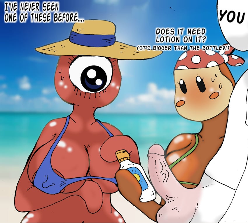 1boy 2girls bandana bandana_waddle_dee beach bikini breasts confused dialogue faceless_male group hat innocent kirby_(series) lotion lotion_bottle nintendo nipple_bulge nipples_visible_through_clothing ocean orange_skin penis plaguetyranno pov public red_skin shiny shiny_skin sky sunlight sweat text waddle_dee waddle_doo