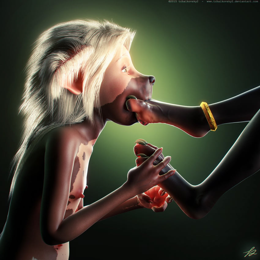 2015 3d anthro canine chinese_crested_dog digitigrade female flat_chested foot_fetish hair hindpaw jinjing-yu mammal multi_nipple nipples nude pawpads paws sucking tchaikovsky2 toe_suck white_hair