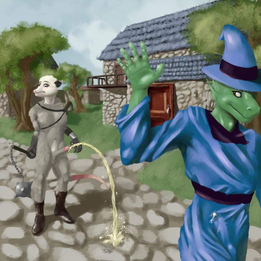 anthro bulge calciumchloride clothing cum detailed_background dragon flail furry male mammal marsupial medieval melee_weapon opossum peeing penis robe runescape urine weapon