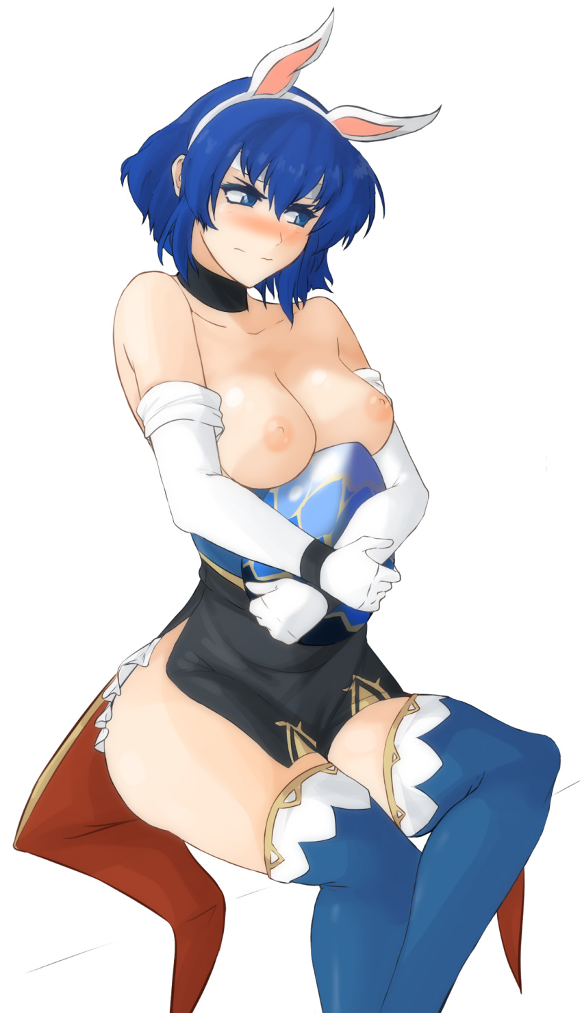 areolae arms_crossed ass bare_breasts bare_shoulders blue_eyes blue_hair blush breasts bunny_ears catria_(fire_emblem) catria_(spring)_(fire_emblem) cleavage collar easter egg embarrassed female fire_emblem fire_emblem:_mystery_of_the_emblem fire_emblem:_shadow_dragon_and_the_blade_of_light fire_emblem_heroes gloves hips long_gloves looking_away nipples no_bra no_panties short_dress short_hair solo thick_thighs thighhighs thighs transparent_background tridisart uncensored wide_hips