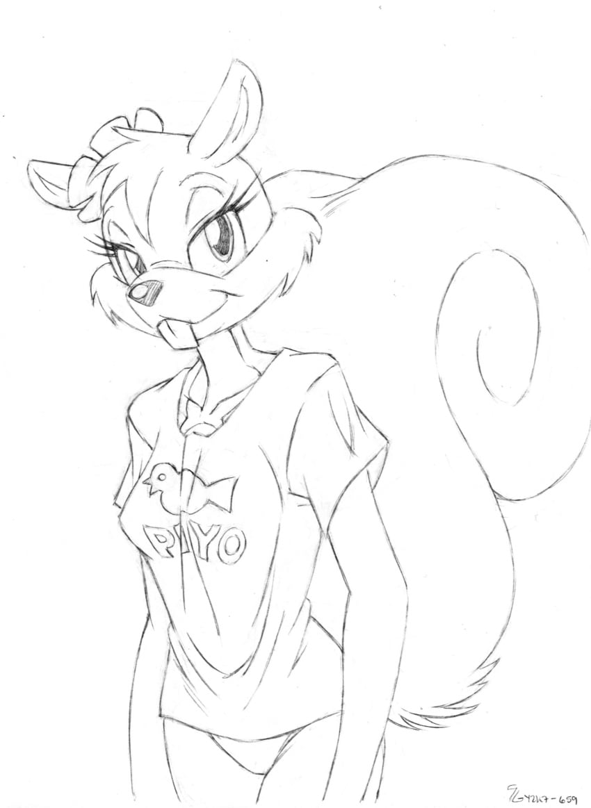 anthro female female_only fur furry monochrome panties sandy_cheeks shoxxe solo spongebob_squarepants straight_hair t-shirt