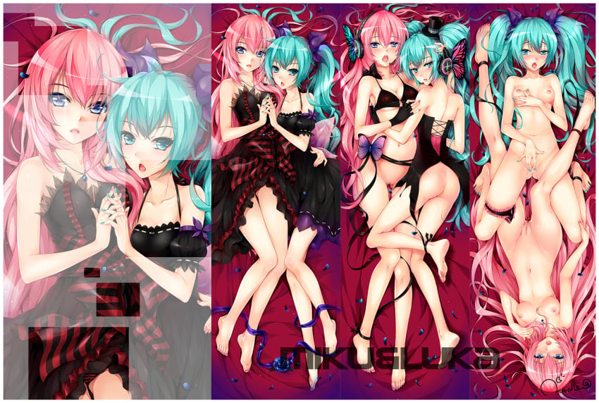 2girls aqua_eyes aqua_hair ass barefoot blue_eyes breasts character_name dress feet female hatsune_miku headphones legs long_hair magnet_(vocaloid) megurine_luka multiple_girls nipples noodle-y nude pink_hair pussy pussy_juice tied_hair toes twintails very_long_hair vocaloid yuri