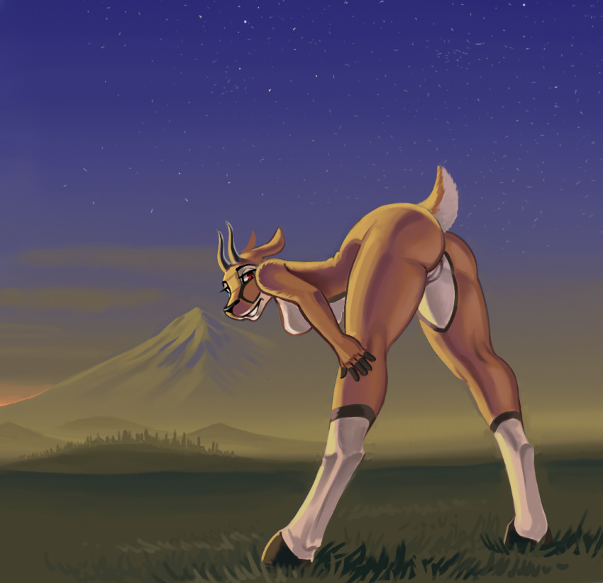 anthro ass bent_over black_nose breasts female field gazelle grass hills hooves horn landscape mountain night outside pussy siyah sunset