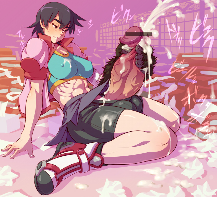 bakemonogatari bike_shorts censored cum ejaculation futanari intersex kanbaru_suruga masturbation mikoyan monogatari_(series) muscles muscular solo_futa