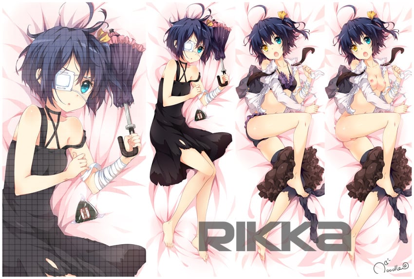 barefoot black_hair blue_eyes blush bra breasts character_name chuunibyou_demo_koi_ga_shitai! dakimakura dress eye_patch feet female heterochromia looking_at_viewer lying nipples noodle-y on_side open_mouth panties pussy pussy_juice short_hair side_ponytail tagme takanashi_rikka toes umbrella uncensored underwear yellow_eyes