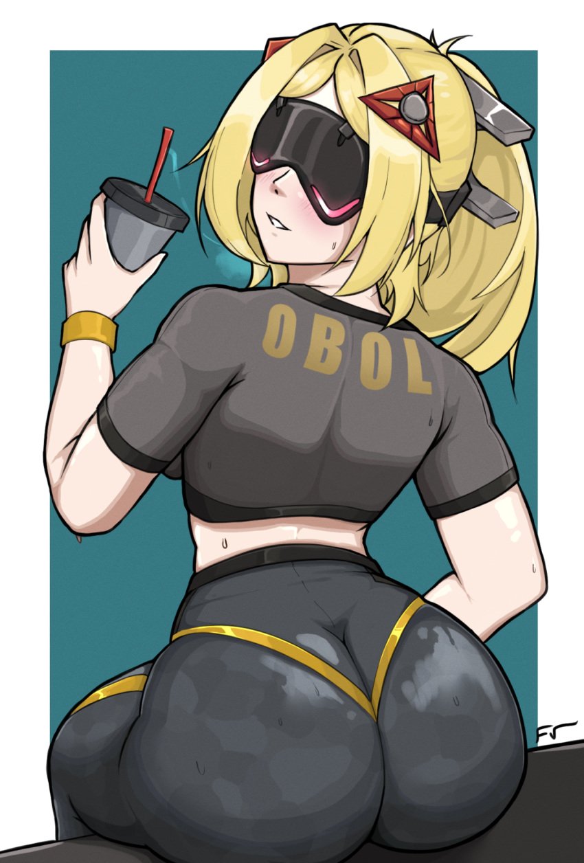 1girls ass big_ass blonde_hair bubble_butt clothing cup dat_ass drink fat_ass female female_only frozenvayne huge_ass large_ass looking_at_viewer looking_back png sitting solo sweat sweatdrop sweaty_body text_on_clothing thick_ass thick_thighs trigger_(zenless_zone_zero) visor wide_hips zenless_zone_zero