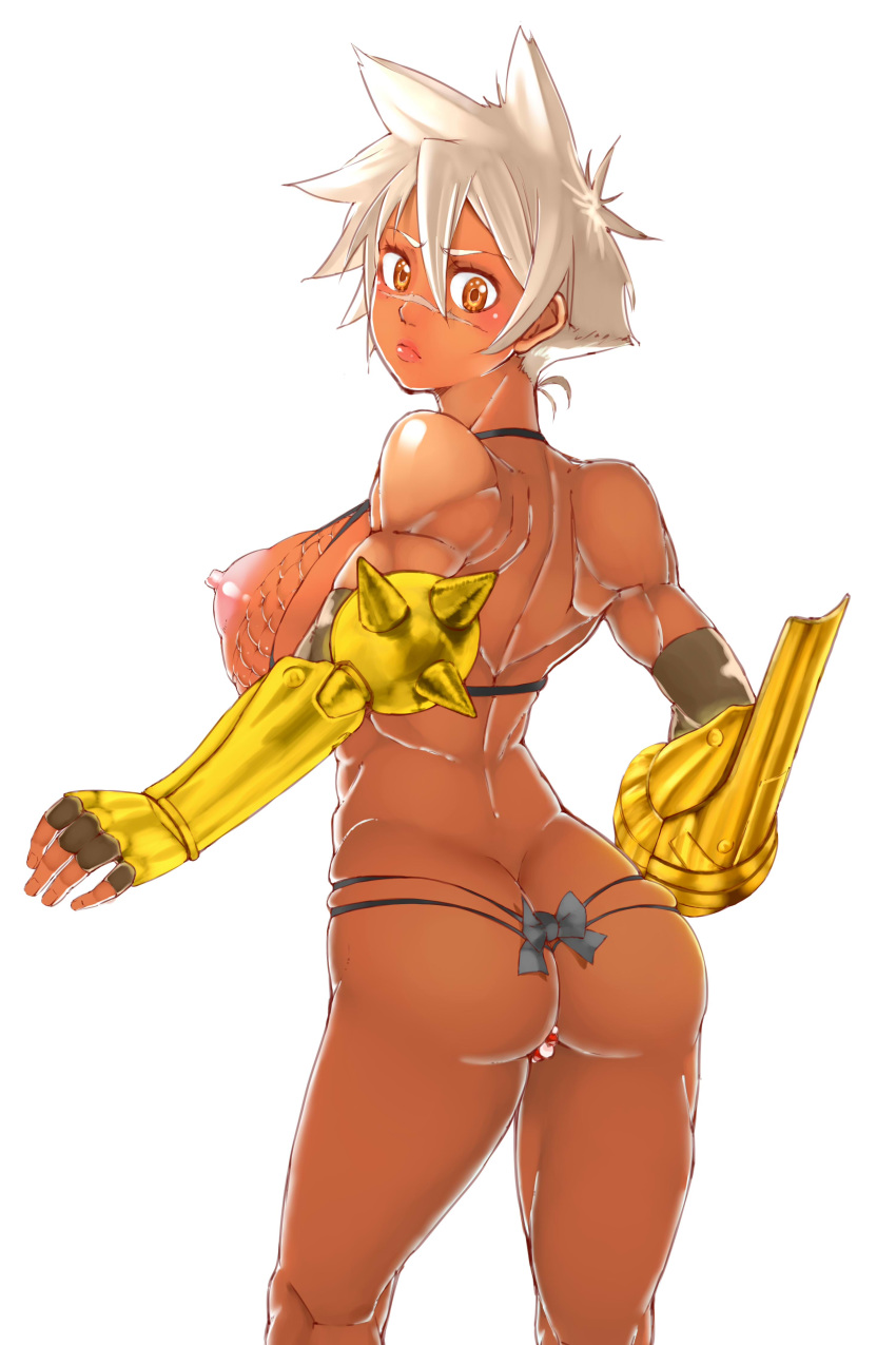 absurdres ass bare_shoulders blazblue blazblue:_chronophantasma blush bracer breasts bullet_(blazblue) dark-skinned_female dark_skin female fingerless_gloves from_behind gloves highres large_breasts mijinko135 nipples orange_eyes ribbon scar short_hair solo white_hair