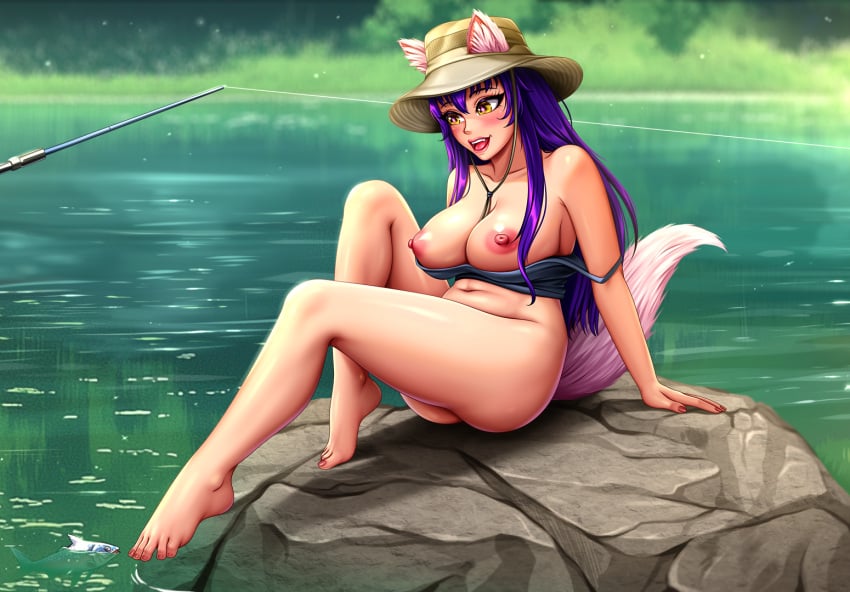 bucket_hat cat_ears cat_tail catgirl exposed_breasts fap_ceo feet fish fishing_rod lake nutaku princesscumxxx_(fap_ceo) purple_hair rock semi_nude sitting sparkling_eyes yellow_eyes