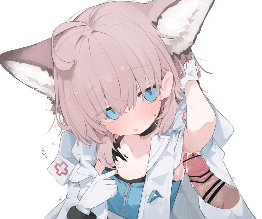 1boy animal_ears arknights armpit_fetish bar_censor blue_eyes censored commentary_request commission cum cute disembodied_penis female flat_chest gloves grey_hair highres male material_growth mikozin oripathy_lesion_(arknights) penis skeb_commission solo_focus sussurro_(arknights) upper_body white_gloves