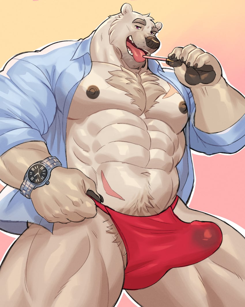 2025 abs adios anthro artie_(adios) asian_clothing bear body_hair chest_hair clock clothing colored east_asian_clothing erection erection_under_clothing food fundoshi hi_res japanese_clothing male male_only mammal muscular muscular_male navel nipples pocky polar_bear red_clothing red_fundoshi red_underwear simple_background solo tenting tongue tongue_out underwear ursine watch wristwatch