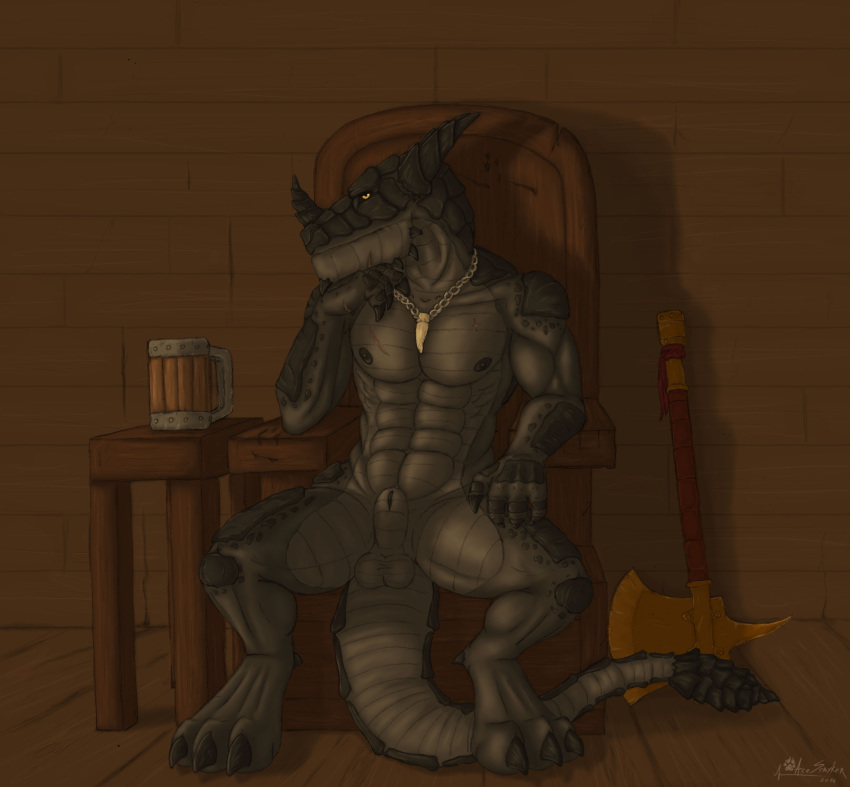 1boy 2014 abs ace_stryker alcohol anthro axe balls beer beverage biceps chair claws cup dragon fantasy horn looking_at_viewer male male_only mammal medieval muscles nipples nude pecs pose scalie scar sheath sitting solo tavern warrior weapon yellow_eyes