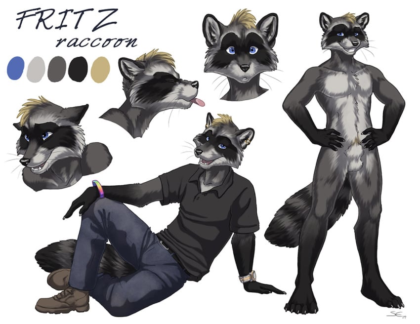 2014 balls blonde_hair blue_eyes bracelet closed_eyes ear_piercing fritz furry furry_only hair jewelry male male_only mammal model_sheet nude piercing raccoon sabretoothed_ermine sheath solo tongue tongue_out