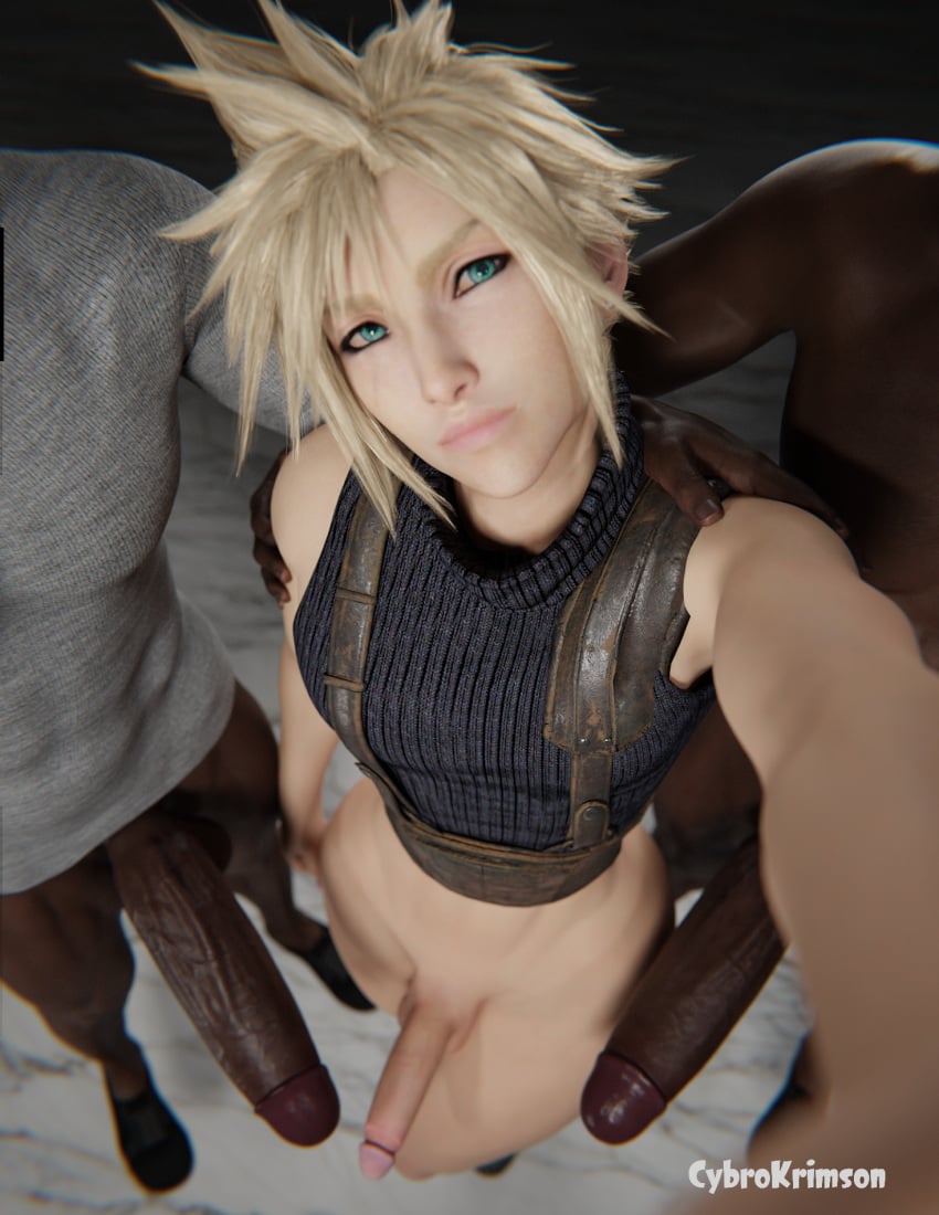 3boys 3d big_penis blender blonde_hair blonde_hair_male cloud_strife cybrokrimson dark-skinned_male dark_skin femboy final_fantasy_vii interracial male_only multiple_boys penis_size_difference selfie selfie_pose surrounded_by_penises