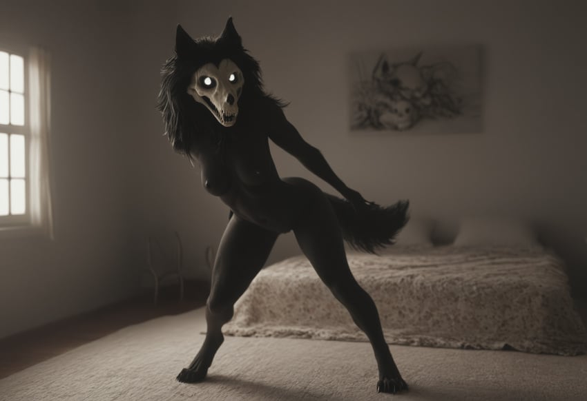 ai_generated anthro anthropomorphic beautiful bedroom big_breasts black_fur black_hair breasts breeding_request female fluffy_tail fur furry furry_only in_heat inviting_to_sex looking_at_viewer mal0 scp scp-1471 scp_foundation seductive seductive_look seductive_smile sexy sexy_body sexy_pose tits_out wet_pussy white_eyes wolf wolf_ears wolf_girl wolf_humanoid