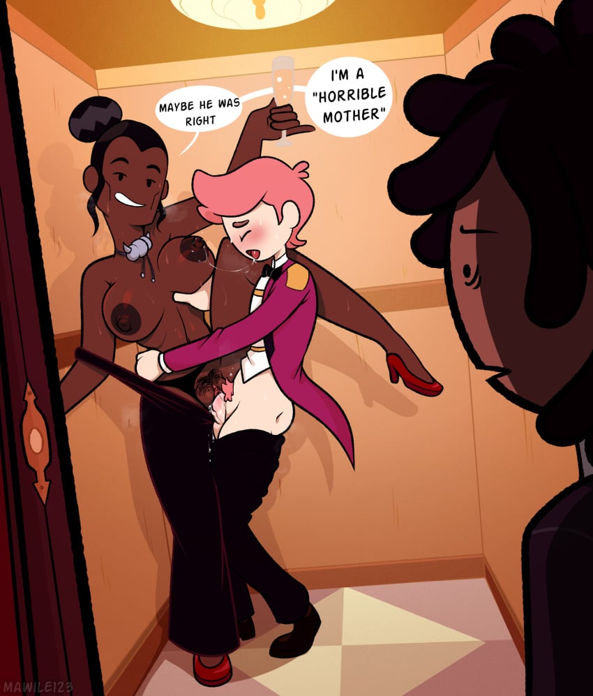 2025 adventure_time adventure_time:_fionna_&_cake areolae breast_sucking breasts breasts_out breath cartoon_network clenched_teeth closed_eyes clothing cum cum_in_pussy cum_inside dark-skinned_female dark-skinned_male dark_skin dress elevator female female_penetrated fionna_and_cake gary_prince hana_abadeer human indoors interracial looking_at_another male male/female marshall_lee mawile123 mother nipples observing pubic_hair public public_sex saliva sex shocked speech_bubble sweat testicles text watching wine wine_glass