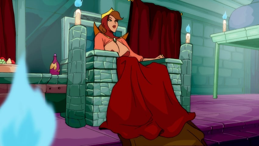 book breasts brown_hair candle cg cleavage crown discreenvision dress female fire if_you_do indoors inusen large_breasts lipstick makeup official_art queen_maria_(if_you_do) red_lips sitting solo throne