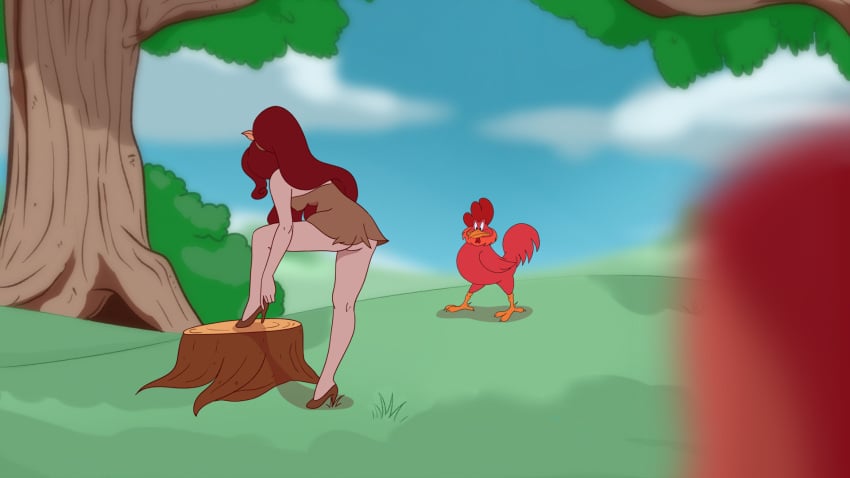artemis_(if_you_do) bird blue_sky blurry brown_dress brown_skirt cg chicken cloud colored_skin day discreenvision dress female grass high_heels horns if_you_do inusen long_hair official_art outdoors pointy_ears red_hair skirt sky tree tree_stump underwear