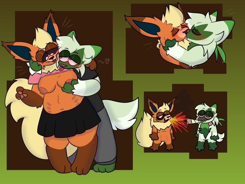 absurd_res anthro belly_nipples big_tail blunt blush bottomwear breast_grab breasts canid canine clothed clothed_sex clothing drugs duo eeveelution felid feline female fire flareon floragato fox generation_1_pokemon generation_9_pokemon hand_on_breast head_grab hi_res intimate kissing male male/female mammal marijuana multi_nipple nintendo nipples partially_clothed pink_clothing pink_shirt pink_topwear pokemon pokemon_(species) sex shirt skirt slightly_chubby slightly_chubby_female small_tail tail tapiocadraws tongue tongue_out topwear