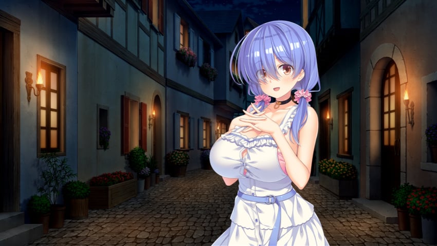 1girls blue_hair blue_hair_female breasts chatting choker clarissa_orbas cleavage clothed_female collar conversation enormous_breasts enormous_tits female female_only game_cg happy happy_eyes happy_face hinata_nao hirose_madoka huge_breasts huge_tits large_breasts large_tits long_blue_hair long_hair long_hair_female massive_breasts massive_tits moonstone_cherry night night_background night_sky open_eyes open_mouth open_mouth_smile sex_underworld_e_youkoso! smile smile_face smiley_face smiling smiling_face talking tits twintails twintails_(hairstyle)