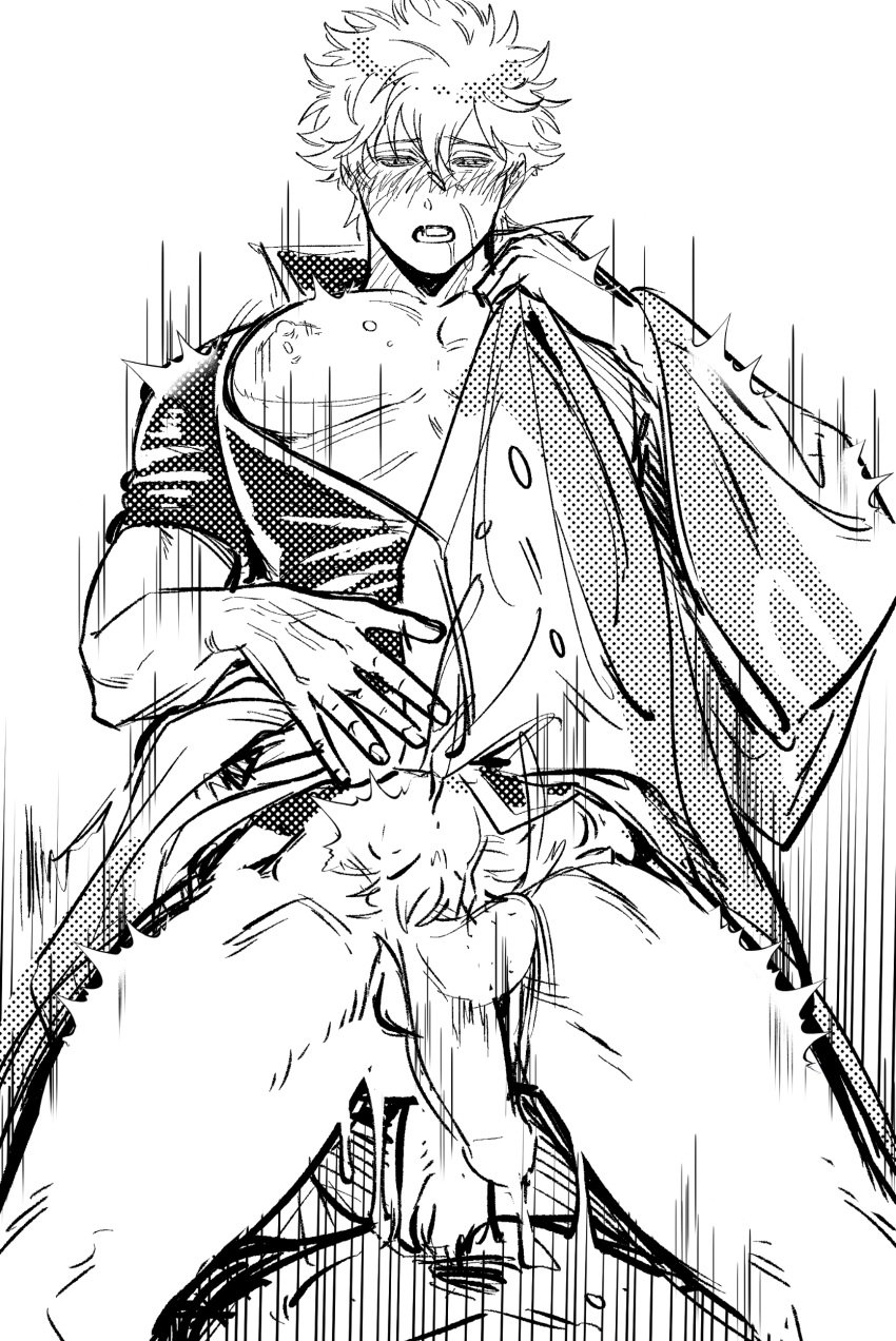 2boys anal anal_sex big_pecs blush bottomless bouncing_penis cowgirl_position earthnattapat erection gay gintama gintoki_sakata halftone hijikata_toshiro kimono looking_at_viewer male male_only male_pov monochrome motion_lines muscular muscular_male pecs penis pov screentone sweat uncensored yaoi