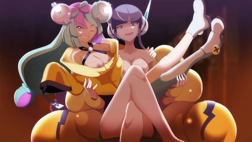 2girls bare_legs bare_shoulders black_hair black_skirt blue_eyes blue_hair boots breasts breasts_out coat edit edited elesa_(pokemon) elesa_(pokemon_bw2) female female_only gray_top hair_ornament headgear headphones headwear human iono_(pokemon) long_hair looking_at_viewer miniskirt multiple_girls nanjamo nanjamo_(pokemon) nintendo nipples no_bra nude pink_eyes pink_hair pokemon pokemon_bw pokemon_bw2 pokemon_sv robbydniero scarf short_hair skirt stockings thick_thighs topless vivivoovoo white_boots white_stockings wink winking winking_at_viewer yellow_coat