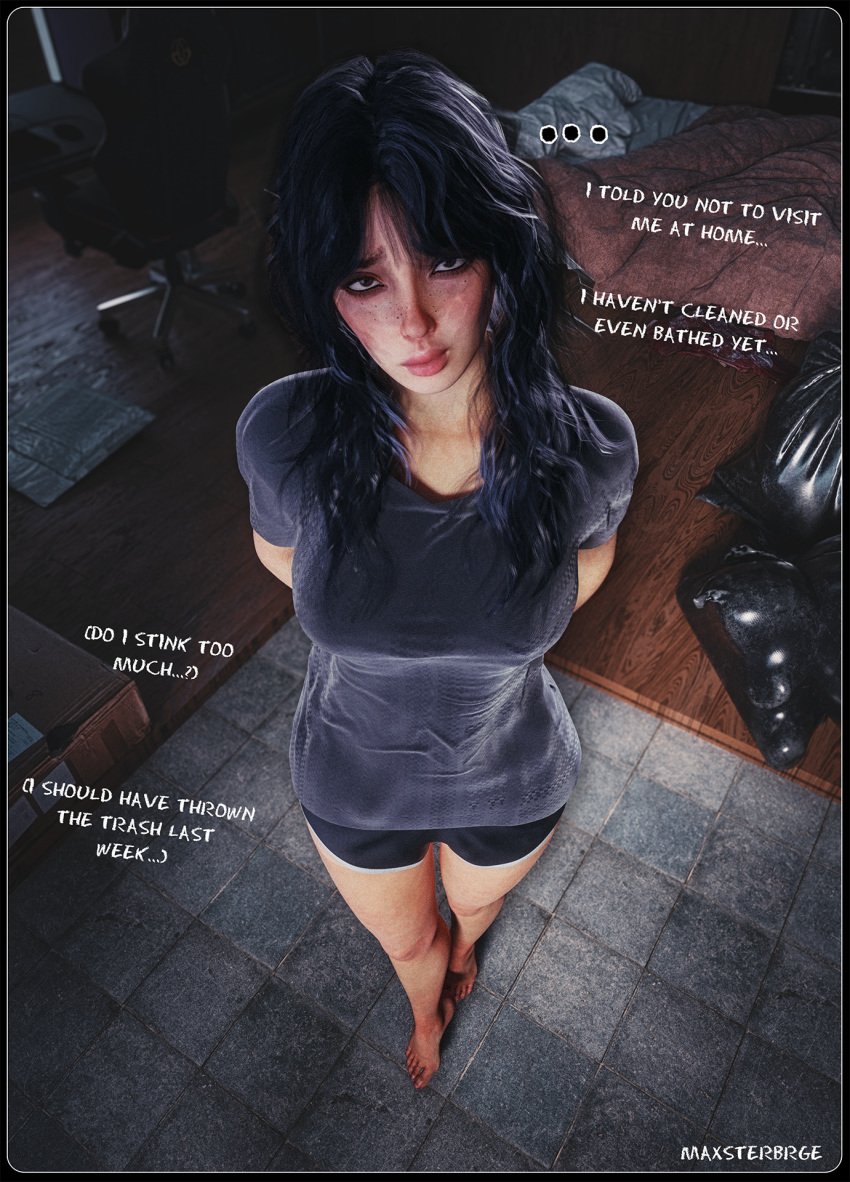 3d 3d_(artwork) barefoot black_eyes dark_hair dirty female female_focus female_only gamer_girl hair hair_on_shoulders large_hair looking_at_viewer maxsterbrge neet shorts shy smelly surprised text tomboy trash_bag