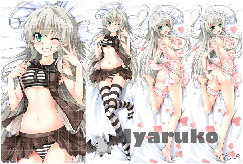 ahoge apron ass blush breasts character_name dakimakura female frills green_eyes haiyore!_nyaruko-san heart leg_garter long_hair looking_at_viewer lying midriff naked_apron navel nipples noodle-y nyarlathotep_(nyaruko-san) on_back on_side one_eye_closed open_mouth panties pussy pussy_juice silver_hair smile striped striped_legwear striped_panties thighhighs uncensored underwear wink