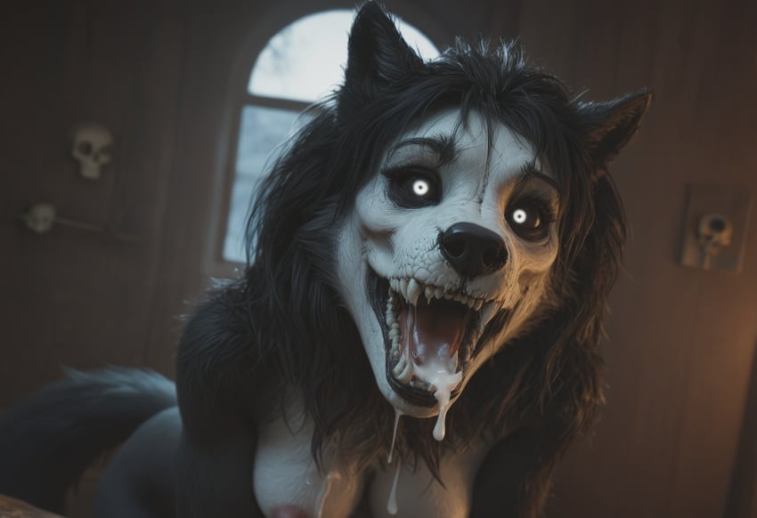ai_generated anthro anthropomorphic beautiful bedroom big_breasts black_fur black_hair breasts breeding_request cum_dripping_from_mouth cum_in_mouth cum_on_breasts cumshot female fluffy_tail fur furry furry_only impregnation_request in_heat inviting_to_sex looking_at_viewer mal0 scp scp-1471 scp_foundation seductive seductive_look seductive_smile sexy sexy_body sexy_pose tits_out wet_pussy white_eyes wolf wolf_ears wolf_girl wolf_humanoid