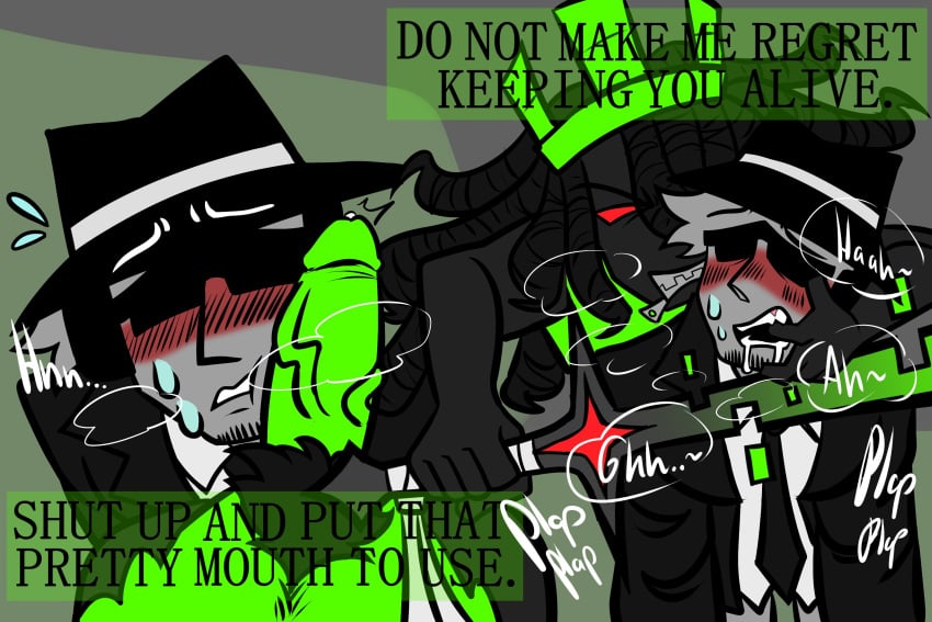 1x1x1x1 1x1x1x1_(forsaken) 2boys blush chance_(forsaken) cloudedmind233 dick_on_face drooling english_text finger_in_mouth forsaken_(roblox) gay gay_sex male penis roblox roblox_game robloxian sweat sword tagme text yaoi