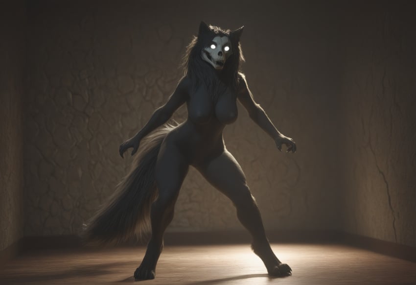 ai_generated anthro anthropomorphic beautiful bedroom big_breasts black_fur black_hair breasts breeding_request female fluffy_tail fur furry furry_only impregnation_request in_heat inviting_to_sex looking_at_viewer mal0 scp scp-1471 scp_foundation seductive seductive_look seductive_smile sexy sexy_body sexy_pose tits_out wet_pussy white_eyes wolf wolf_ears wolf_girl wolf_humanoid
