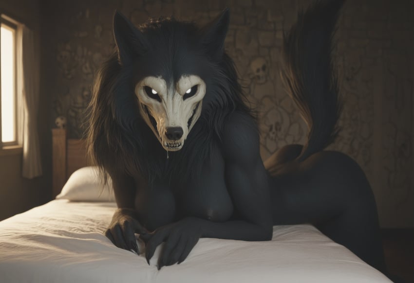 ai_generated anthro anthropomorphic beautiful bedroom big_breasts black_fur black_hair breasts breeding_request female fluffy_tail fur furry furry_only impregnation_request in_heat inviting_to_sex looking_at_viewer mal0 scp scp-1471 scp_foundation seductive seductive_look seductive_smile sexy sexy_body sexy_pose tits_out wet_pussy white_eyes wolf wolf_ears wolf_girl wolf_humanoid