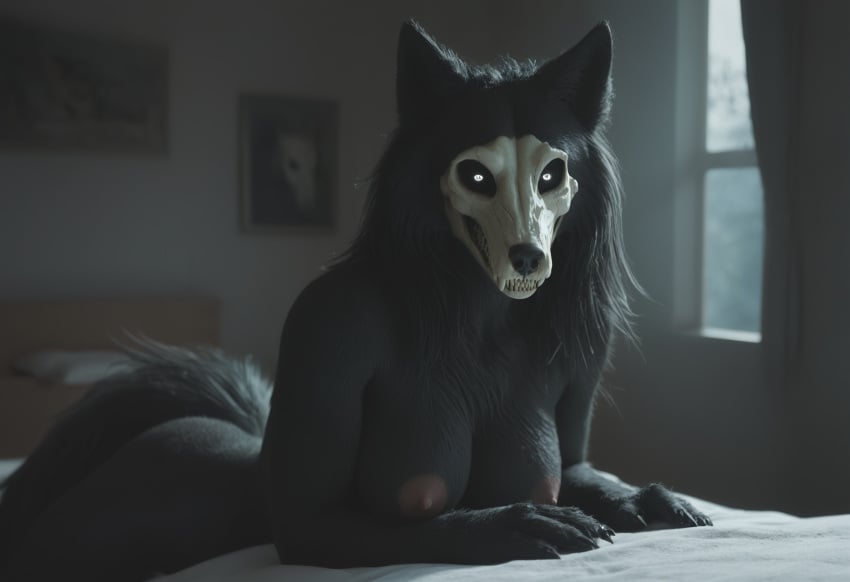 ai_generated anthro anthropomorphic beautiful bedroom big_breasts black_fur black_hair breasts breeding_request female fluffy_tail fur furry furry_only impregnation_request in_heat inviting_to_sex laying_down laying_on_bed looking_at_viewer mal0 scp scp-1471 scp_foundation seductive seductive_look seductive_smile sexy sexy_body sexy_pose tits_out wet_pussy white_eyes wolf wolf_ears wolf_girl wolf_humanoid