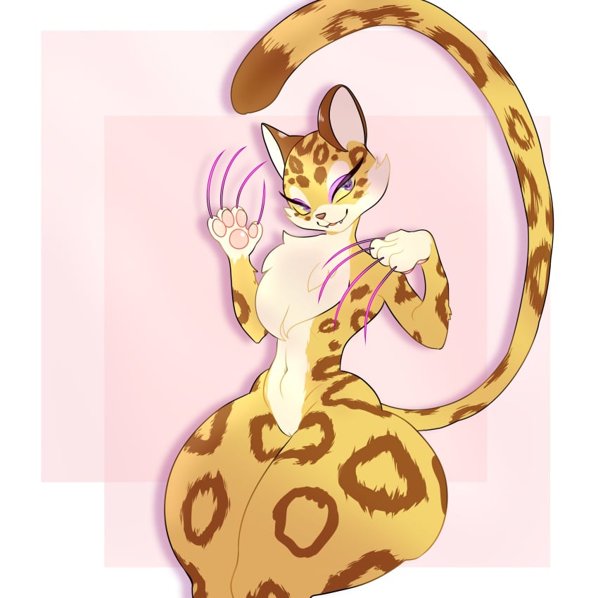 absurd_res anthro barely_visible_genitalia barely_visible_pussy bottom_heavy brown_body brown_fur brown_nose brown_spots cheek_tuft chest_tuft clawroline claws dipstick_tail eyelashes facial_tuft fangs felid female front_view fur genitals hi_res kirby_(series) leopard long_claws mammal markings navel nintendo nude pantherine pawpads pink_background purple_claws purple_eyes pussy safaia simple_background smile solo spots tail tail_markings teeth thick_thighs tuft white_background white_body white_fur wide_hips yellow_body yellow_fur yellow_sclera