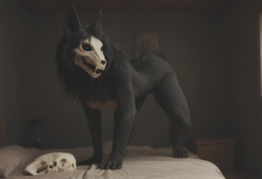 ai_generated anthro anthropomorphic beautiful bedroom big_breasts black_fur black_hair breasts breeding_request female fluffy_tail fur furry furry_only impregnation_request in_heat inviting_to_sex looking_at_viewer mal0 scp scp-1471 scp_foundation seductive seductive_look seductive_smile sexy sexy_body sexy_pose tits_out wet_pussy white_eyes wolf wolf_ears wolf_girl wolf_humanoid