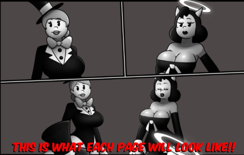2025 2d 2d_(artwork) 2d_artwork 2girls alice_angel angel artist_logo artist_name beanontoast bendy_and_the_ink_machine big_breasts black_hair black_lipstick brenda_(clover) clover_(or3o) female halo hat monochrome thick_ass thick_thighs