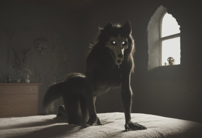 ai_generated anthro anthropomorphic beautiful bedroom big_breasts black_fur black_hair breasts breeding_request female fluffy_tail fur furry furry_only in_heat inviting_to_sex looking_at_viewer mal0 scp scp-1471 scp_foundation seductive seductive_look seductive_smile sexy sexy_body sexy_pose tits_out wet_pussy white_eyes wolf wolf_ears wolf_girl wolf_humanoid