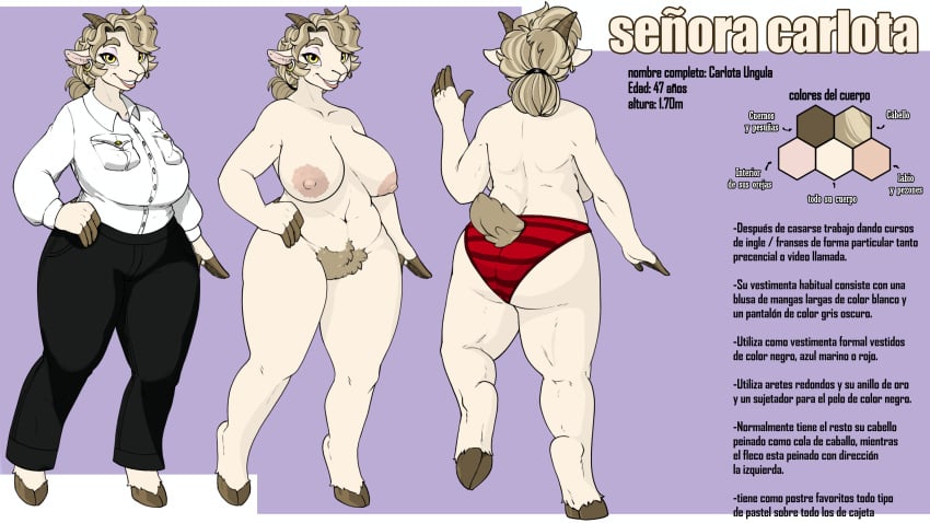 absurd_res anthro big_breasts blonde_hair bovid breasts brown_hooves caprine carlota_ungula_(h_dc) cheating_wife clothed clothed_anthro clothed_female clothing dark_pants digit_ring engagement_ring female goat gold_piercing gold_ring grey_hair h_dc hair hi_res hooves humanoid infidelity jewelry mammal mature_anthro mature_female model_sheet nipples nude piercing pubes red_clothing red_underwear ring simple_background solo spanish_text text thick_thighs underwear white_blouse white_body yellow_eyes