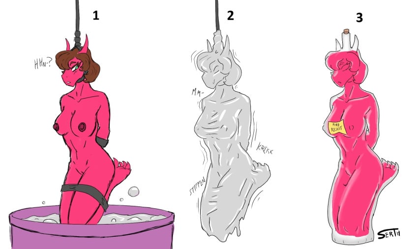anthro asphyxiation bad_end bondage bound breasts breath_play brown_hair bubbling collarbone cork corked_bottle death dragon encasement eyelashes female female_death genitals hair hi_res horn inanimate_transformation liquid maroon_body mythological_creature mythological_scalie mythology nipples noose potion potion_bottle potion_label pussy scalie serth solo squirming transformation vat
