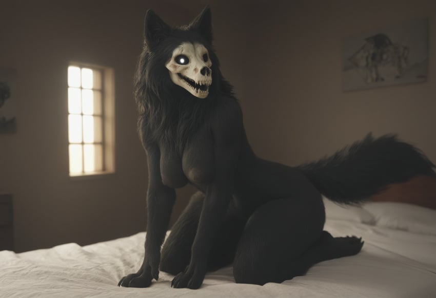ai_generated anthro anthropomorphic beautiful bedroom big_breasts black_fur black_hair breasts breeding_request female fluffy_tail fur furry furry_only impregnation_request in_heat inviting_to_sex looking_at_viewer mal0 scp scp-1471 scp_foundation seductive seductive_look seductive_smile sexy sexy_body sexy_pose tits_out wet_pussy white_eyes wolf wolf_ears wolf_girl wolf_humanoid