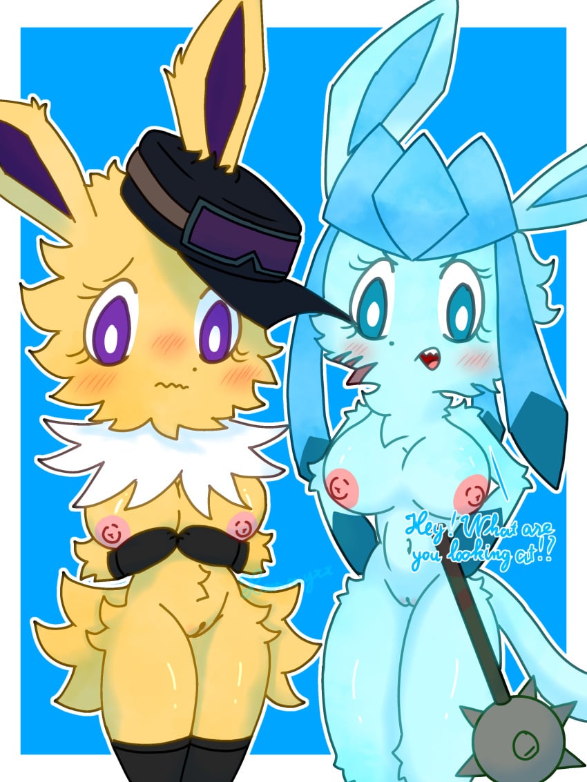 2025 3:4 absurd_res anthro anthrofied blue_background blue_body blue_eyes blue_fur blush border breasts clothing digital_media_(artwork) duo eeveelution english_text eyelashes eyewear facial_scar fan_character footwear fur generation_1_pokemon generation_4_pokemon genitals glaceon glasses gloves handwear hat headgear headwear hi_res ibispaint_(artwork) jolteon looking_at_viewer melee_weapon morning_star_(weapon) mostly_nude navel nintendo nipples nude open_mouth outline pokemon pokemon_(species) pokemorph purple_eyes purple_inner_ear scar shaded signature simple_background socks soft_shading standing talking_to_viewer teeth text thick_thighs vulva watermark weapon white_body white_border white_fur white_outline xammyxx yellow_body yellow_fur
