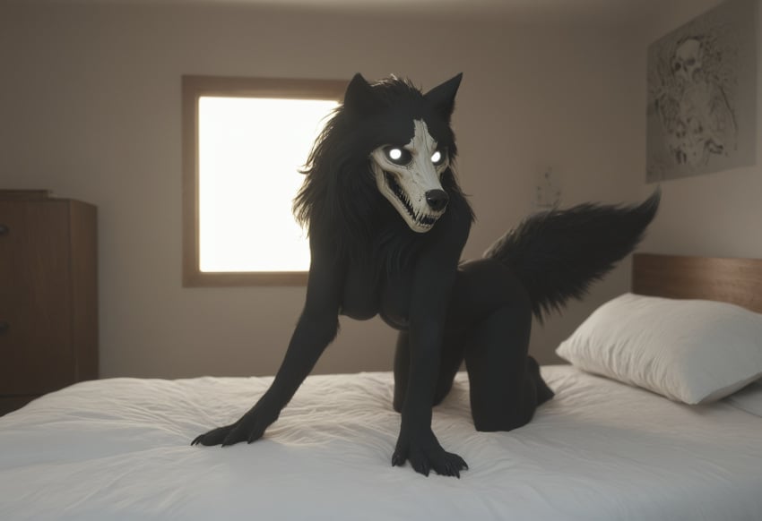 ai_generated anthro anthropomorphic beautiful bedroom big_breasts black_fur black_hair breasts breeding_request female fluffy_tail fur furry furry_only impregnation_request in_heat inviting_to_sex looking_at_viewer mal0 scp scp-1471 scp_foundation seductive seductive_look seductive_smile sexy sexy_body sexy_pose tits_out wet_pussy white_eyes wolf wolf_ears wolf_girl wolf_humanoid