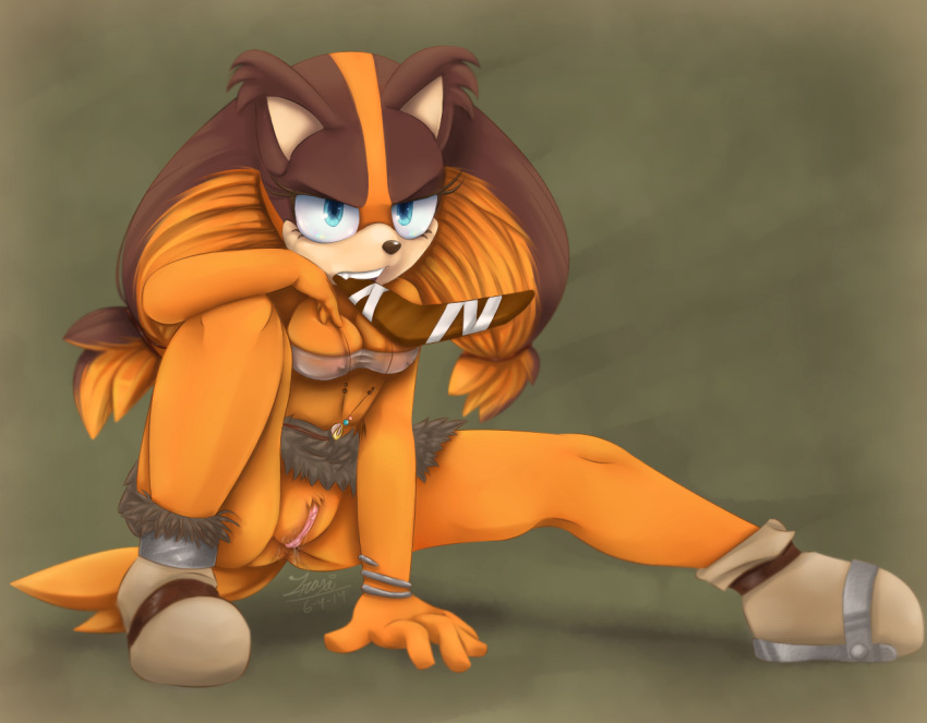 2014 angry anthro ass badger boomerang breasts clothed clothing female footwear fur hair hi_res in_mouth long_hair mammal multicolored_hair mustelid necklace presenting presenting_pussy pussy pussy_juice see-through sega sharp_teeth shoes skirt solo sonic_(series) sonic_boom spread_legs spreading sticks_the_badger teeth zraxi