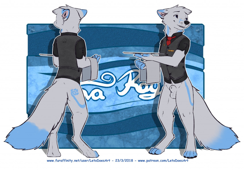 animal_genitalia arctic_fox balls black_nose blue_fur bottomless canine clothed clothing fox fur leto_(letodoesart) letodoesart male male_only mammal necktie sheath simple_background solo vest white_fur